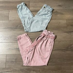 AE paper bag pants size XS and 2 short. Pink and green.